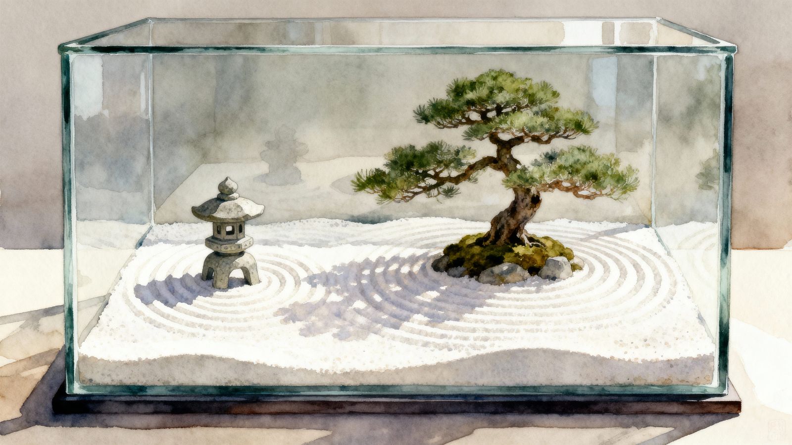 Zen Garden Terrarium in Minimalist Watercolor Style