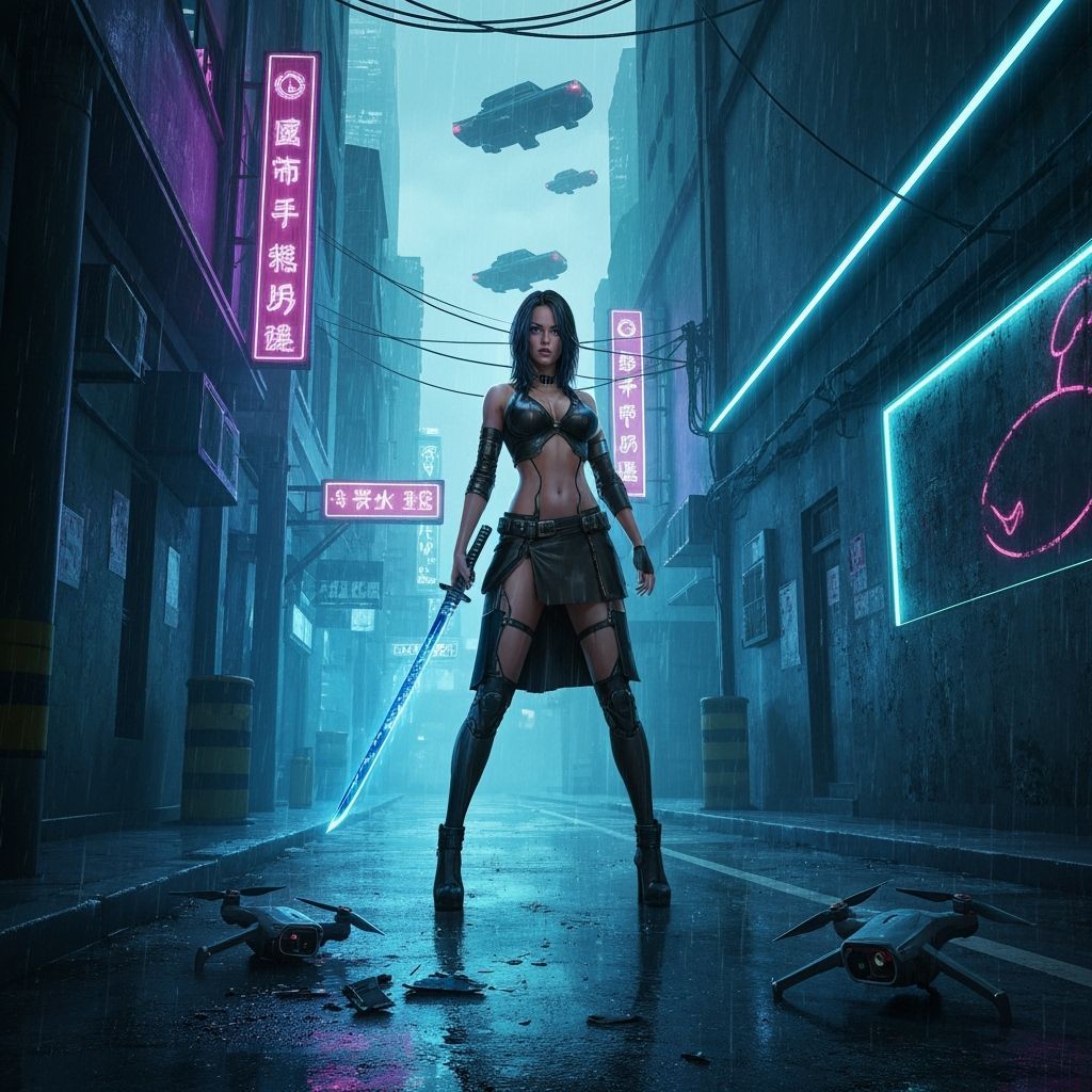 Cyberpunk Woman with Digital Katana in Neon City