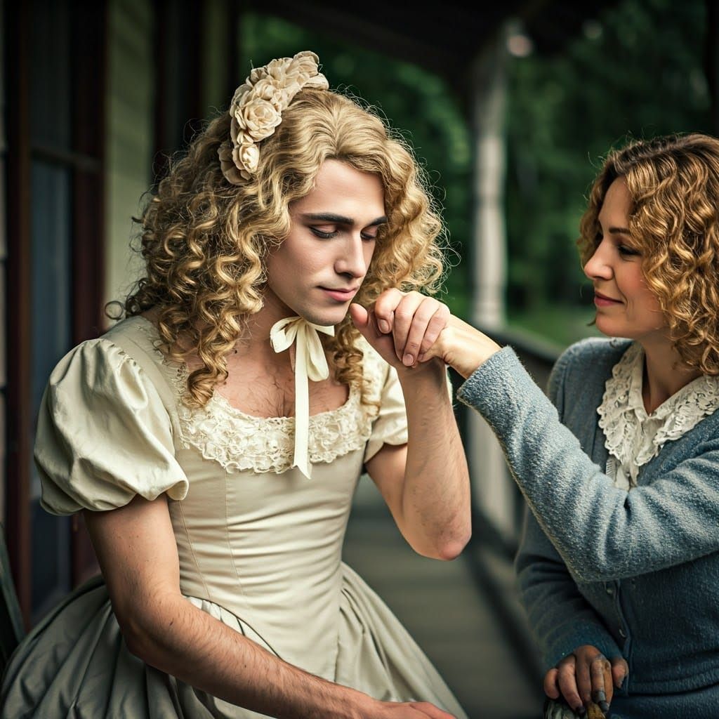 Shy Young Man in 19th Century Gown on Rustic Porch