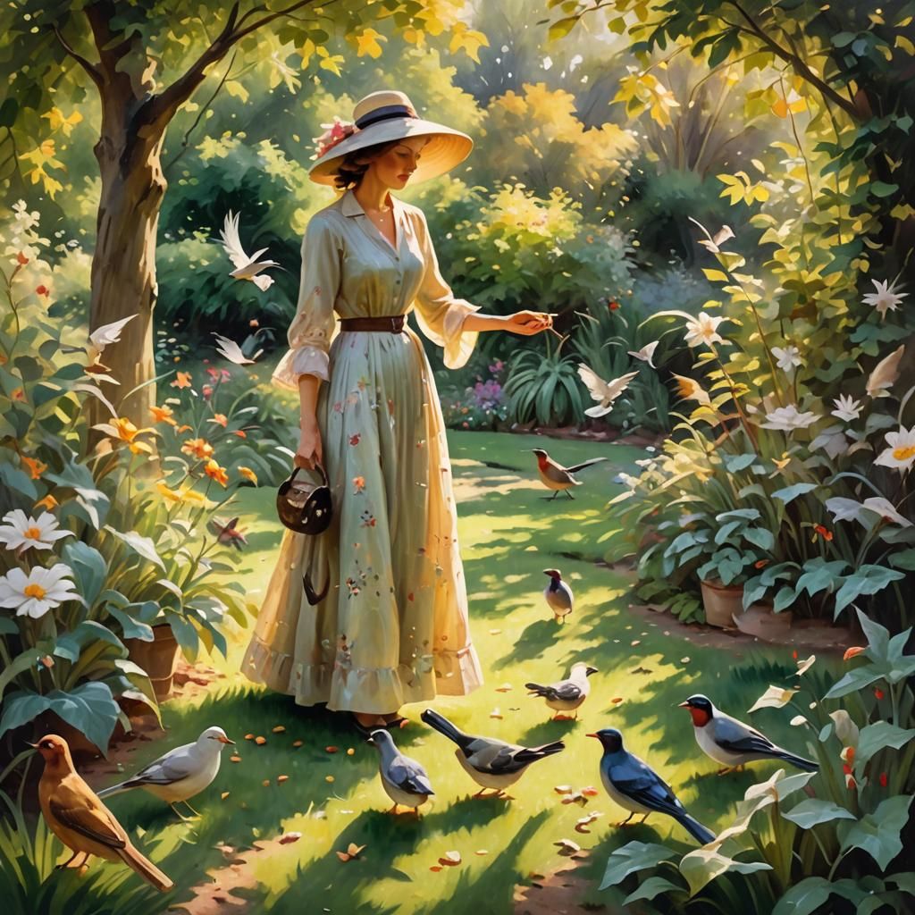Woman Feeds Birds in Lush Impressionist Garden