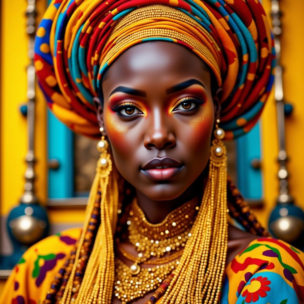 Ethereal African Queen in Vibrant Gold Attire