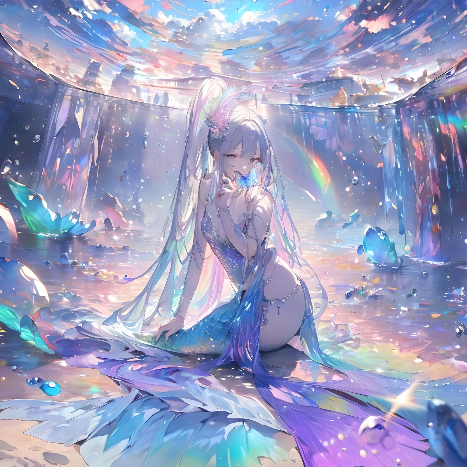 Anime Mermaid in Iridescent Pastel Colors