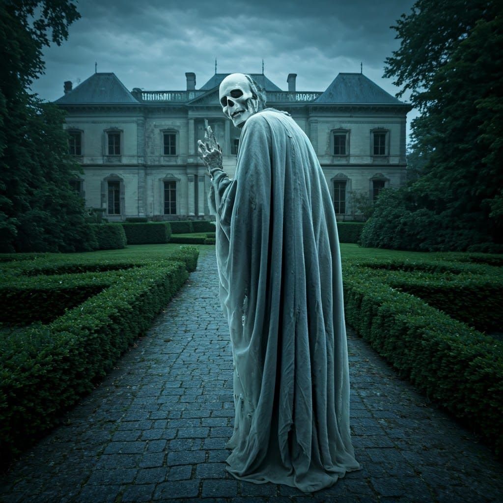Ethereal Specter Beckons from Haunting Mansion