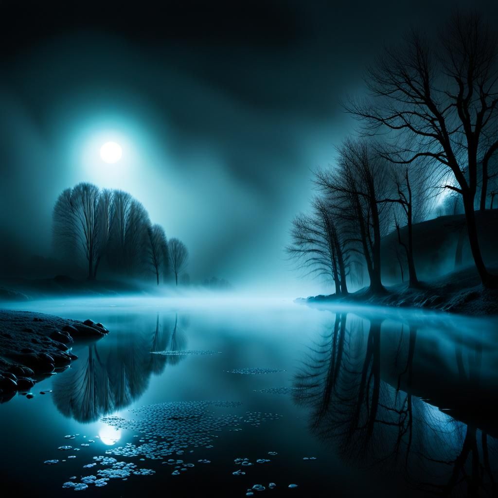 Vibrant Bioluminescent Fog with Shimmering Particles
