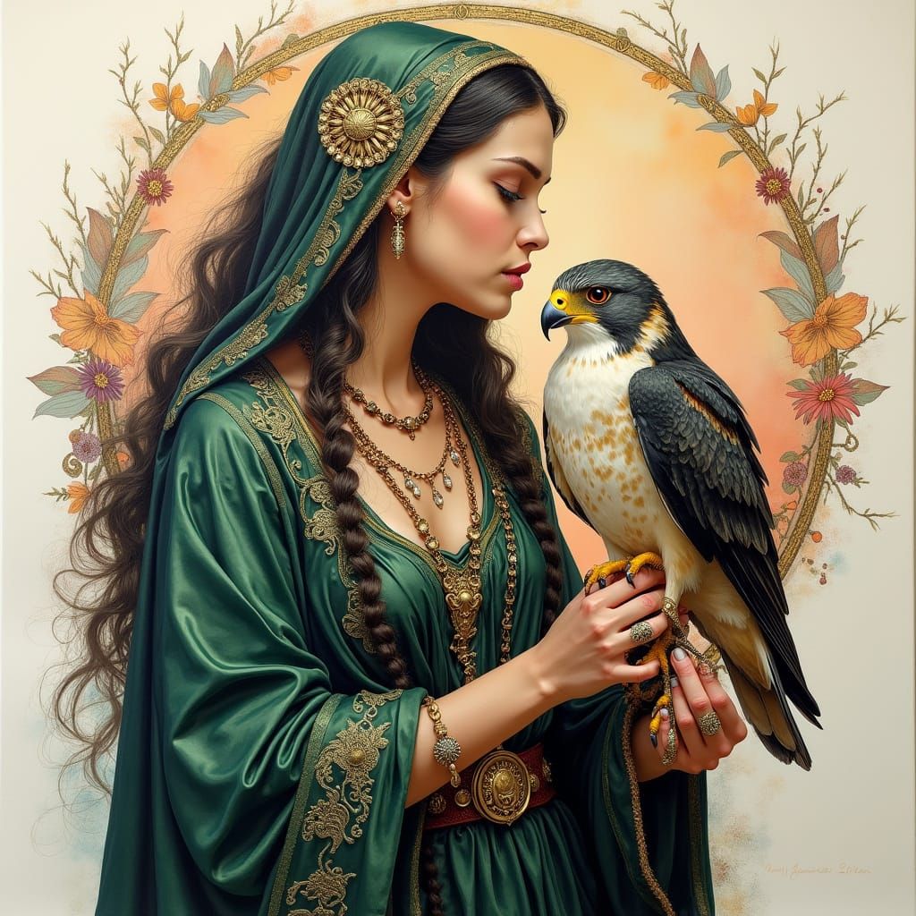 Druid Priestess with Falcon in Detailed Watercolor Style