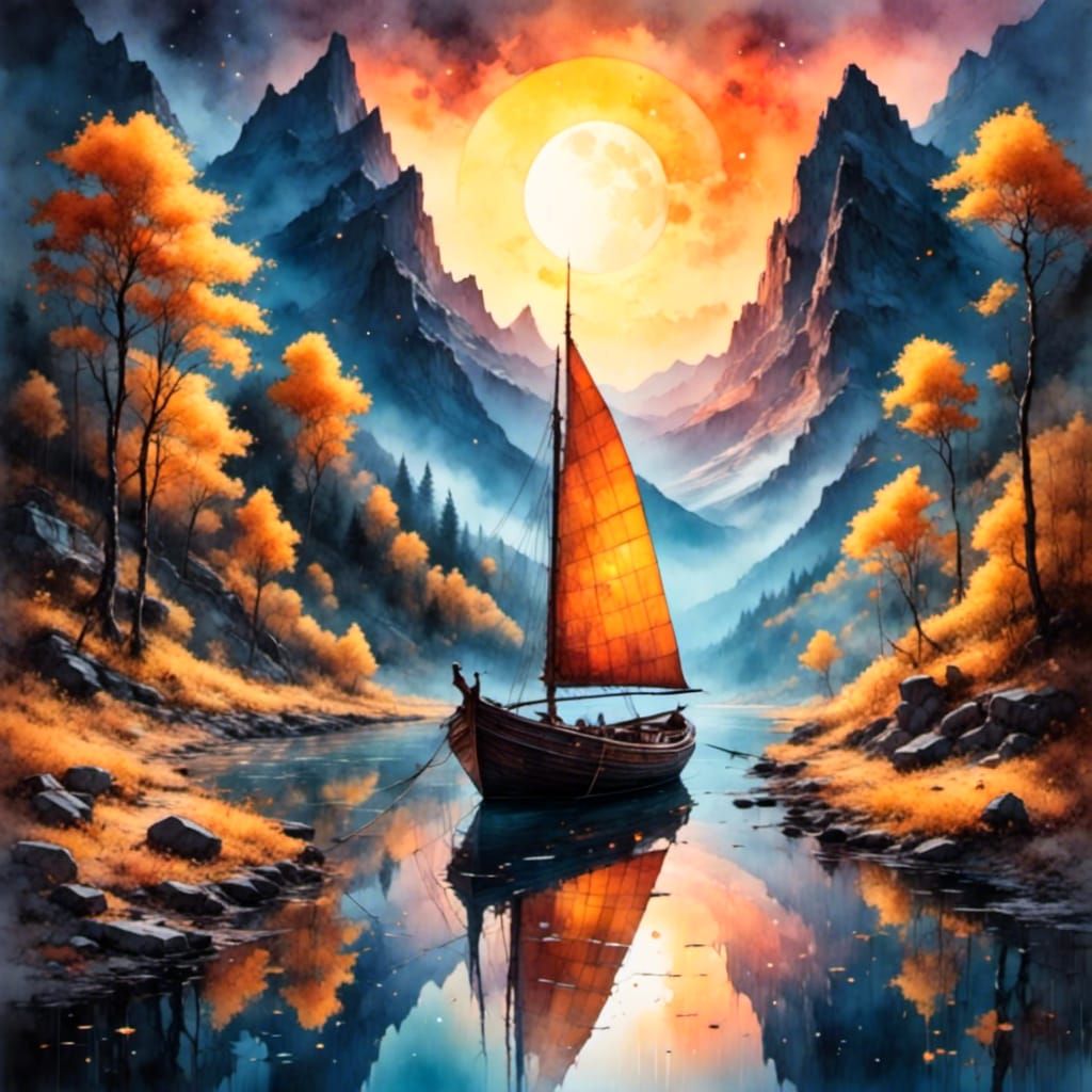Watercolor Boat on River in Chiaroscuro Style