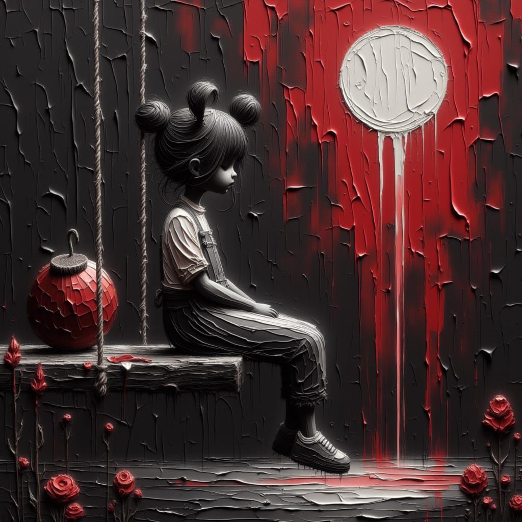 Child on Rope Swing in Eerie Impasto Style