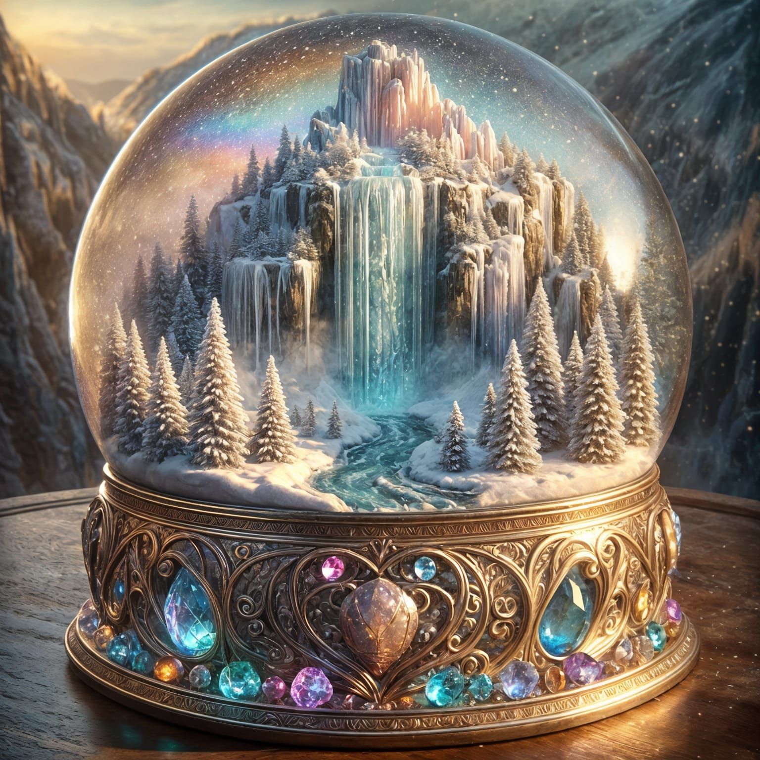 Frozen Waterfall Snowglobe in Dreamlike Pastel Hues