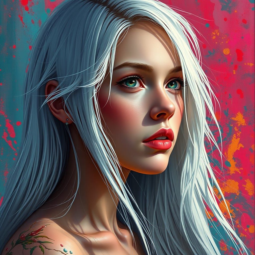 Youthful Woman with White Hair in Hyperrealistic Style