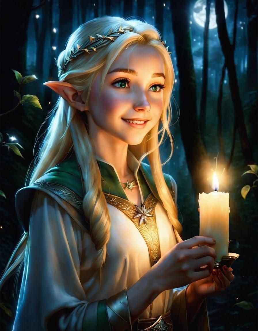 Enchanting Elven Girl with Candle in Dreamworks Style