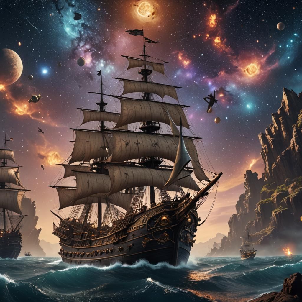 Space Pirates Sailing Starry Seas in Digital Painting