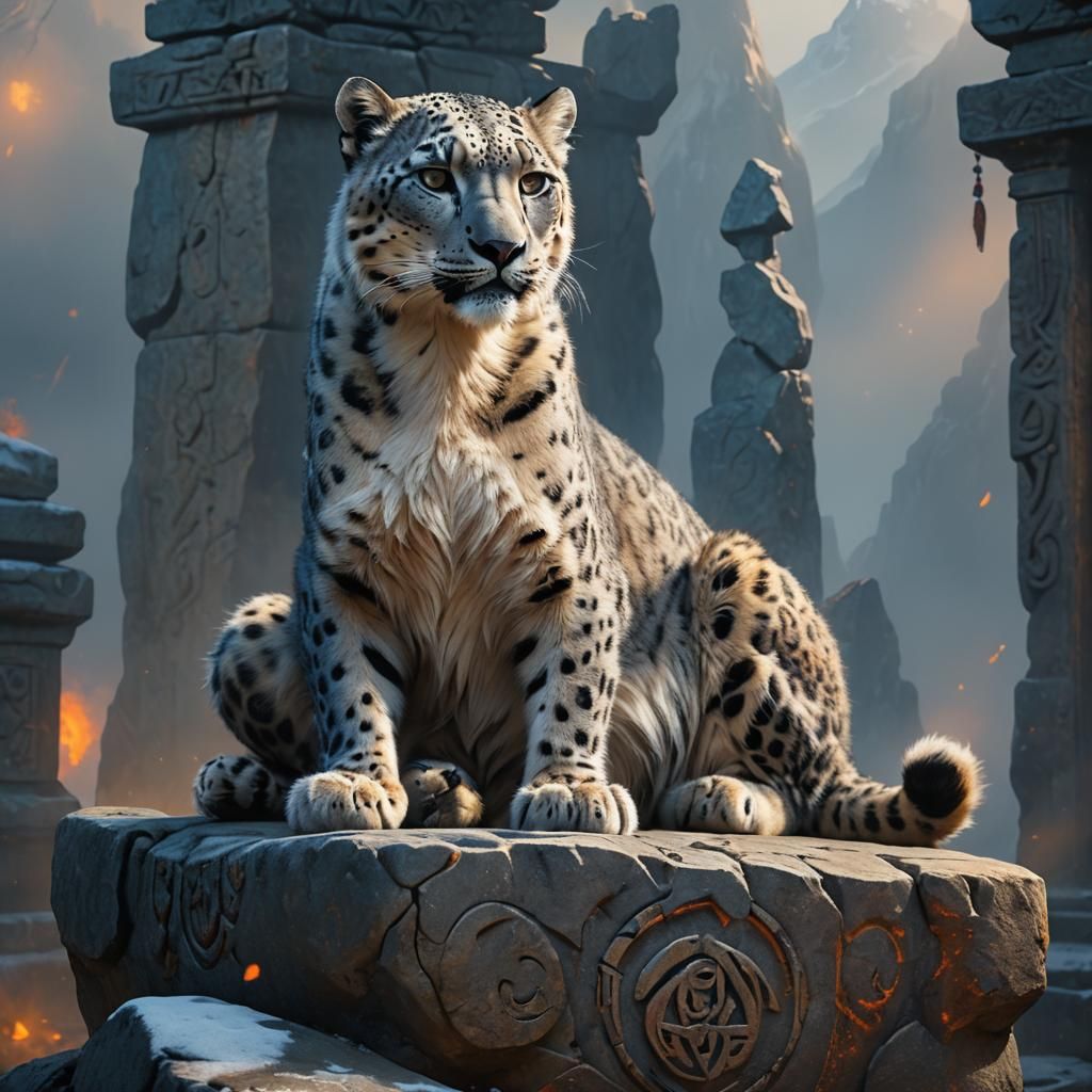 Mystical Snow Leopard on Ancient Pedestal