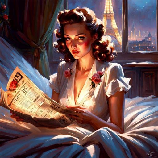 Elegant 1940s Woman Reading Newspaper