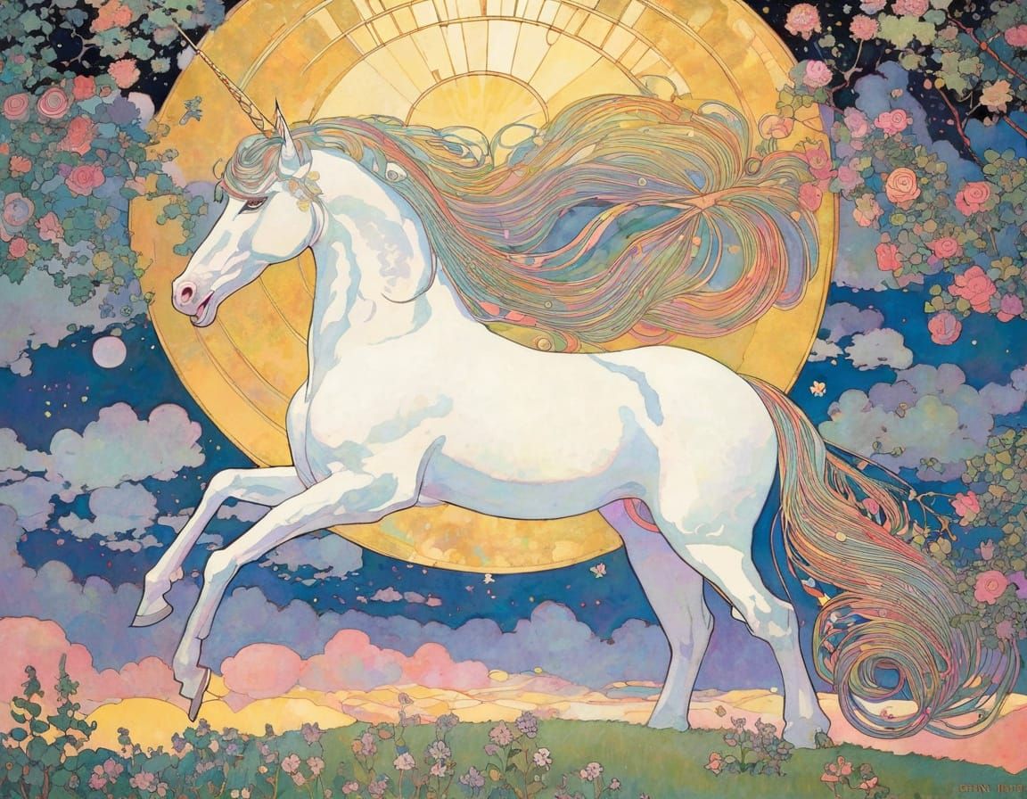 Summer Unicorn Inspired by Art Nouveau Painting