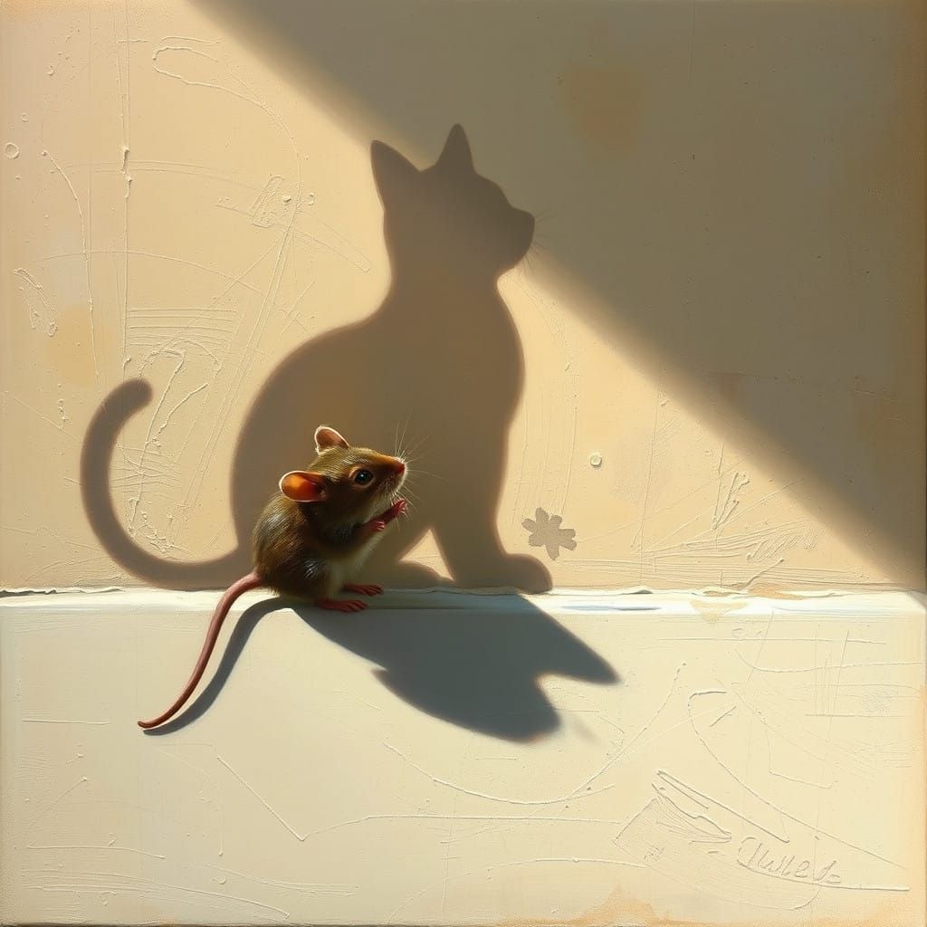 Mouse Creates Feline Shadow on Wall in Oil Painting Style