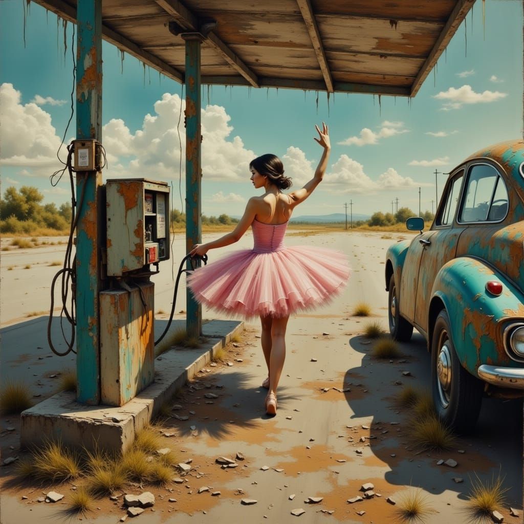 Ballerina at Gas Station in Mixed Media Style