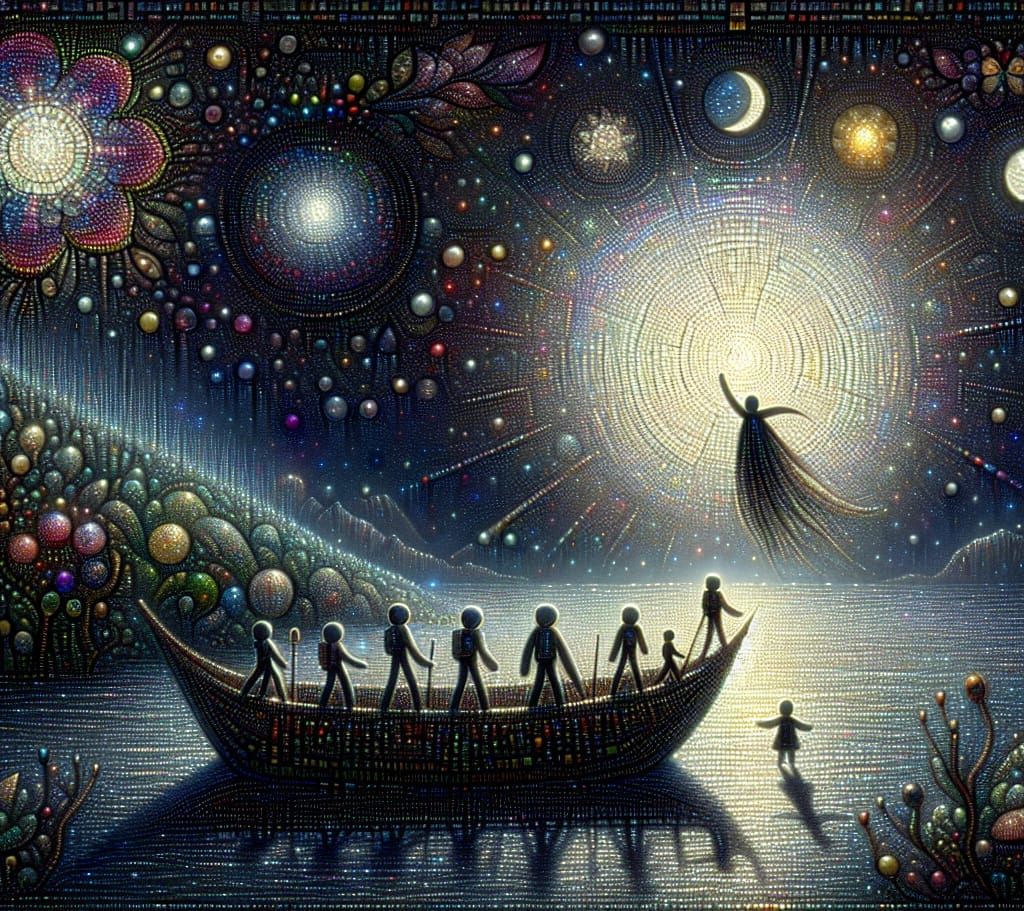 Ethereal Figure Rides Dewdrop in Dark Ocean Mosaic