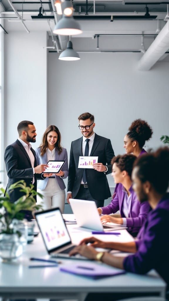 Corporate Office Scene with Three Groups of Professionals