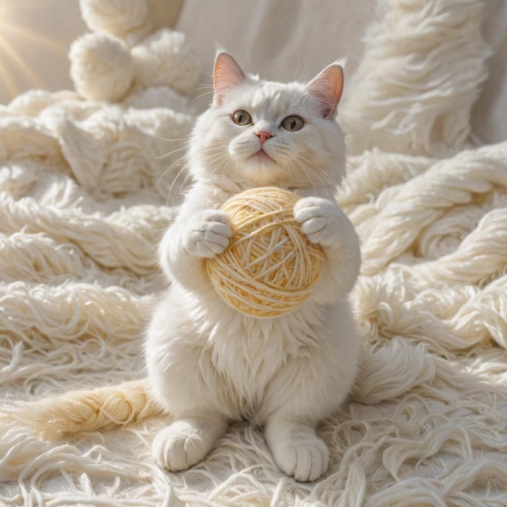 Cross-Stitched Yarn Cat Playing with Ball