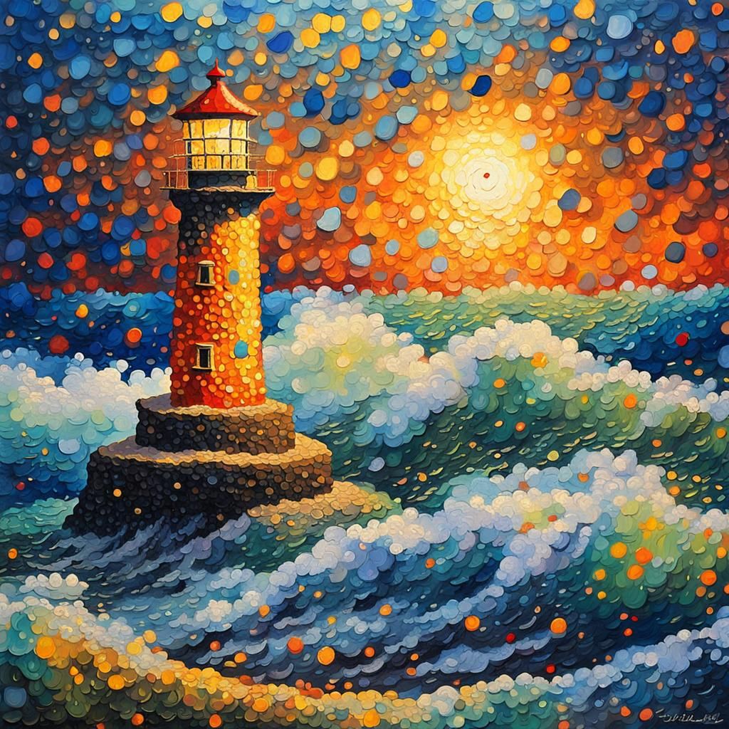 A 3D Lighthouse in stormy seas painted in the pointillism st...