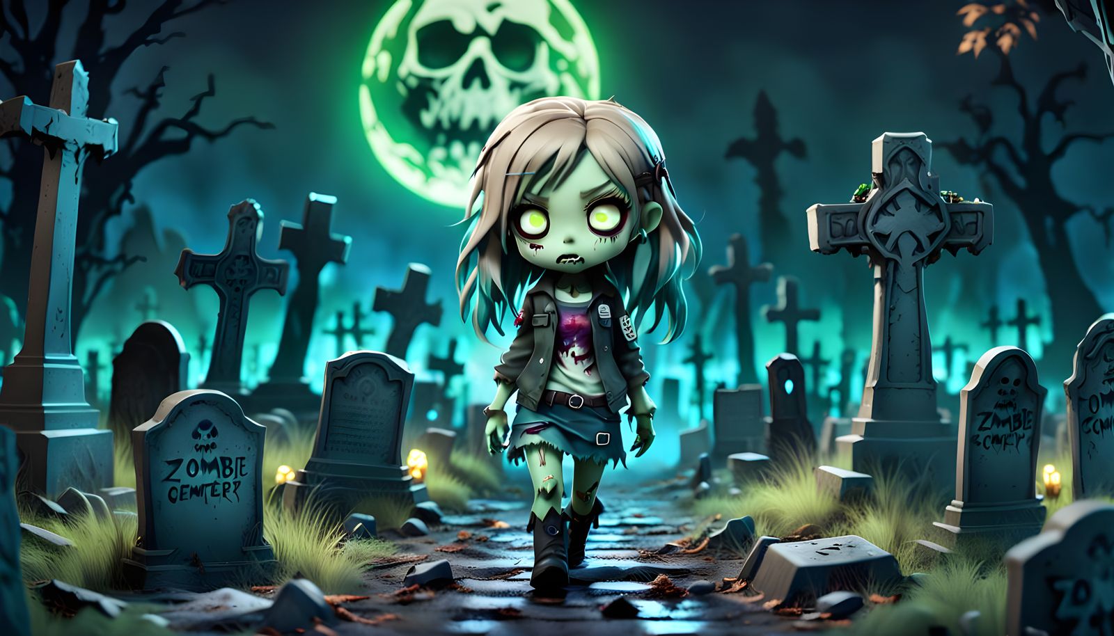 Neon Chibi Zombie Babe in Anime Style