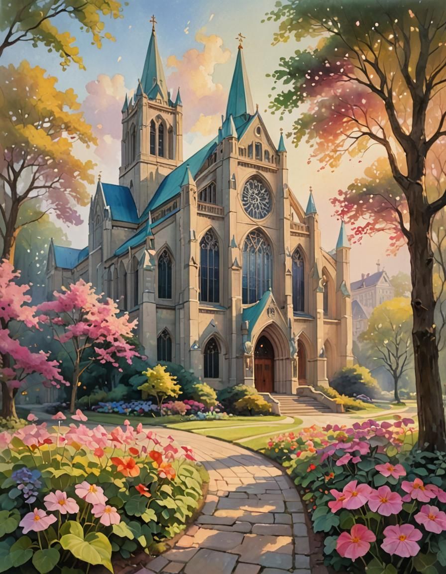 Cathedral with Nasturtium in Oil Painting Style