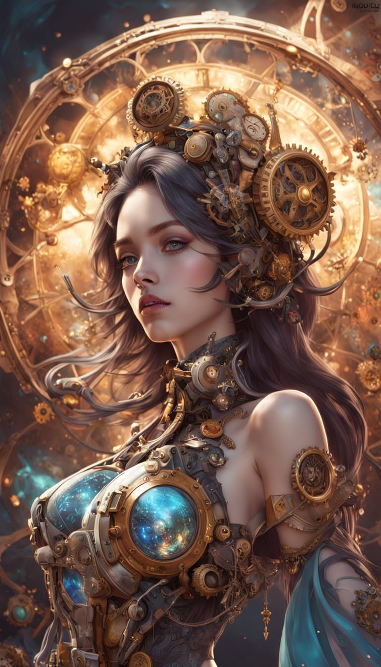 Surreal Clockwork Woman Portrait in Cosmic Style