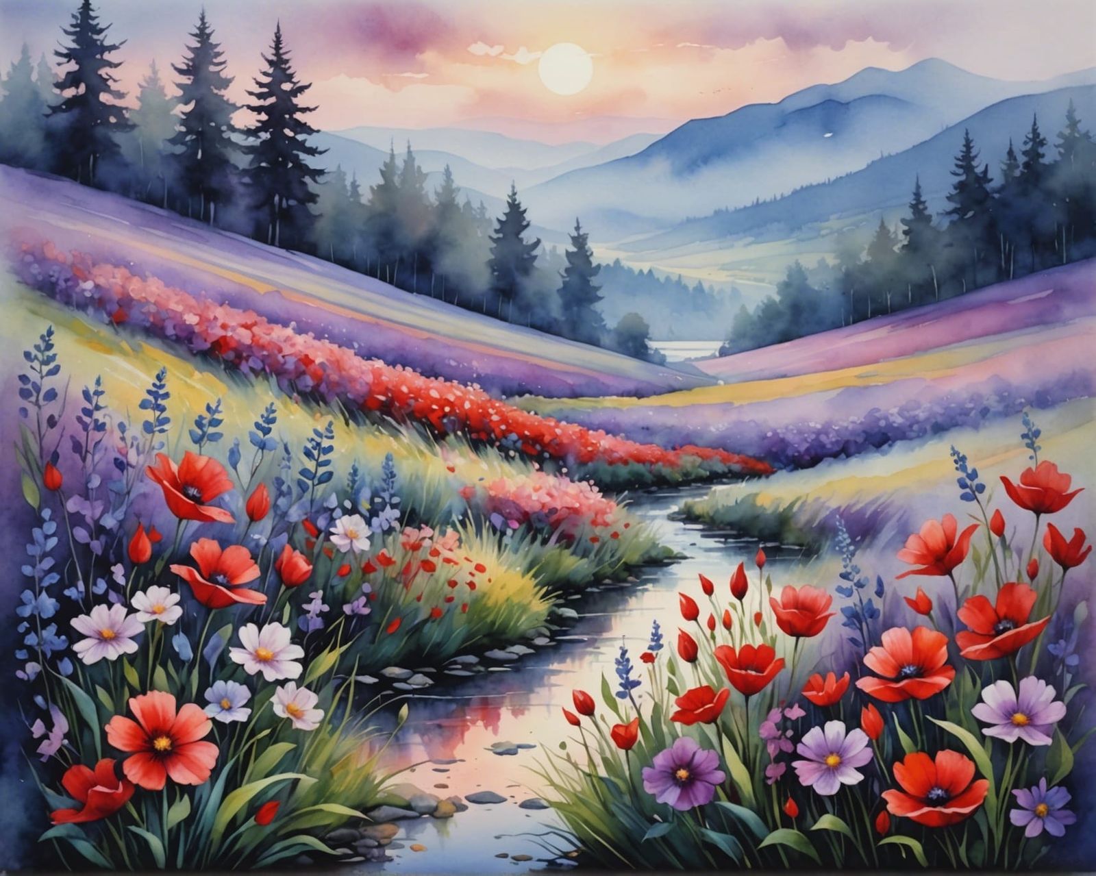 Ethereal Flowers in Watercolor Landscape Masterpiece