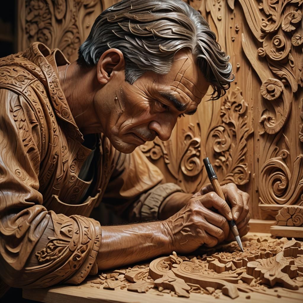 Hyperrealistic Wood Carver Concept Art in 8k