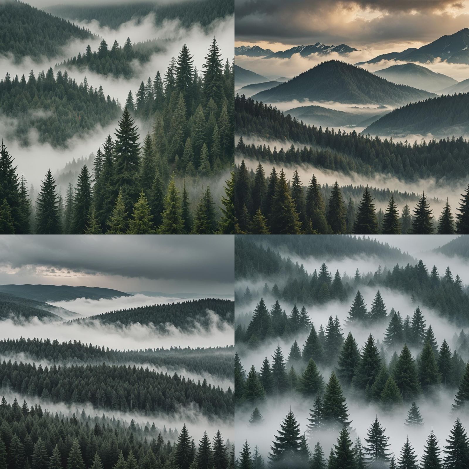 Minimalist Cloudscape with Evergreen Trees in Fog