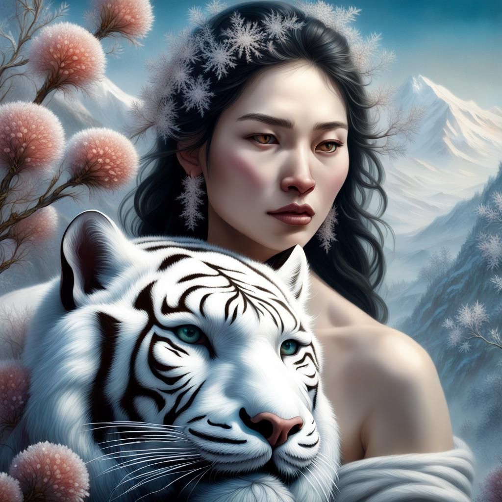 Snow Tiger and Ice Mask Woman: Hyperrealistic Ancient Art