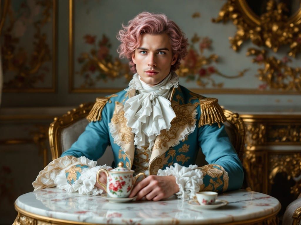 Rococo Nobleman Sips Tea with Refined Decadence