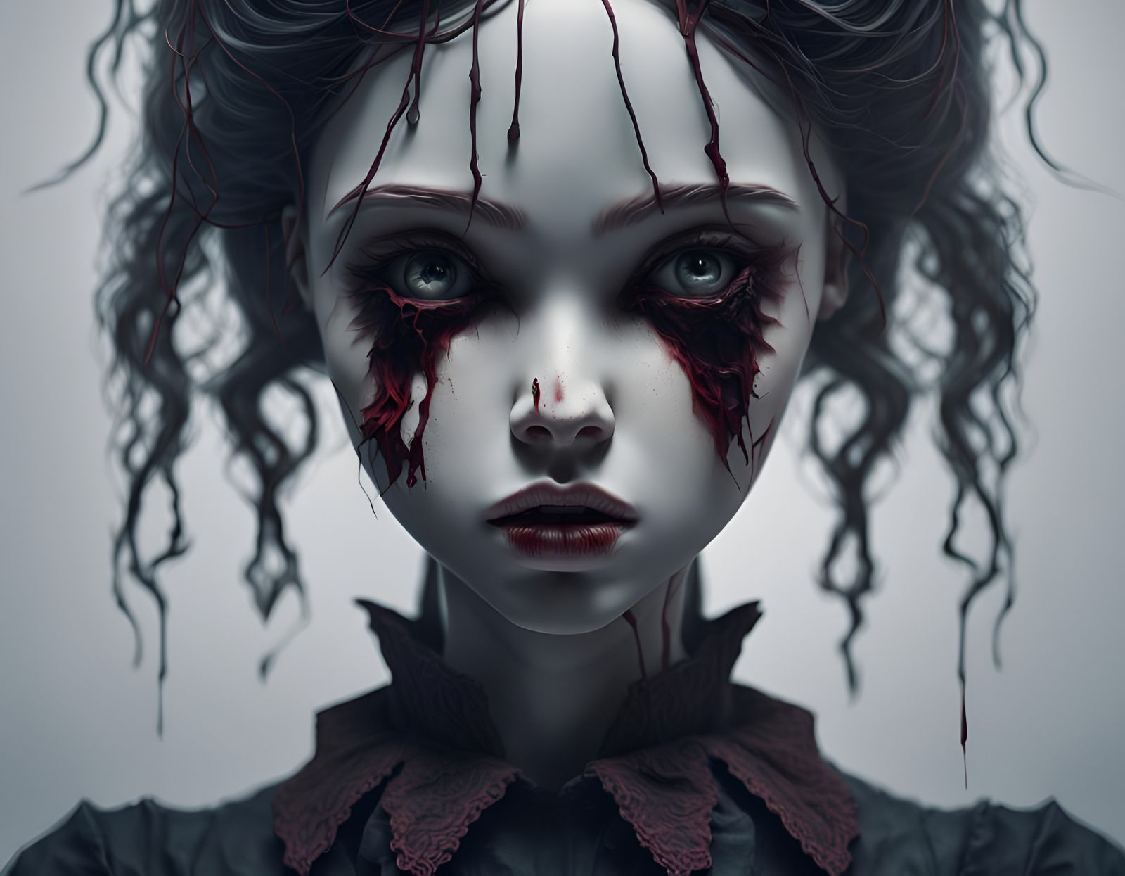 Macabre Broken Porcelain Doll in 3D Digital Art
