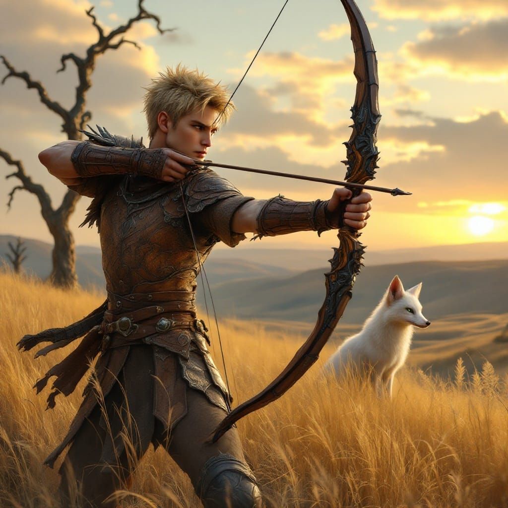 Elven Archer Stands Tall in Golden Plains, Dragon Slayer Bow...