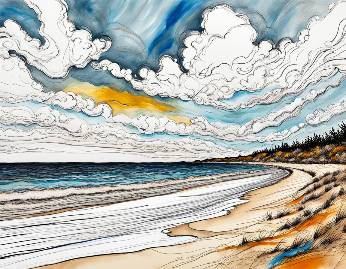 Expressive Beach Sketch with Blue Sky and Clouds