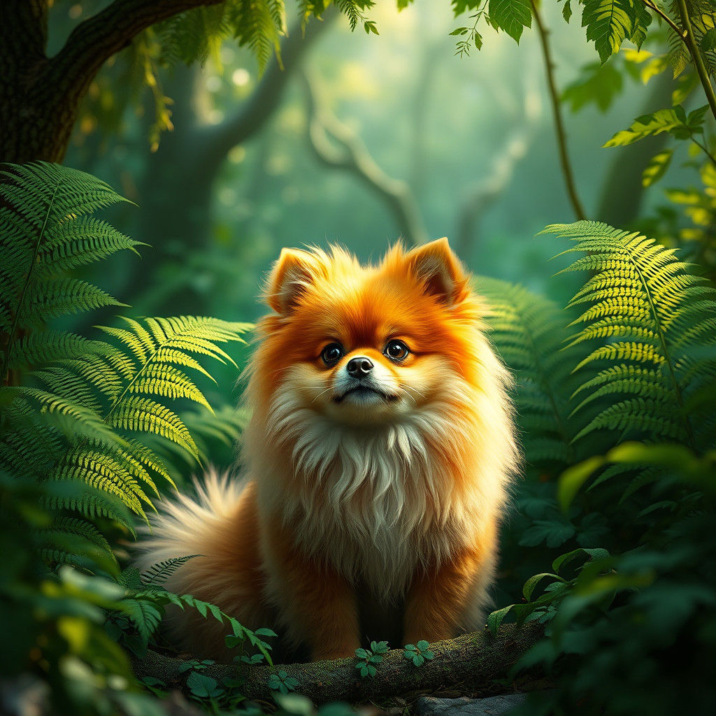 Orange Pomeranian in Emerald Forest, Concept Art