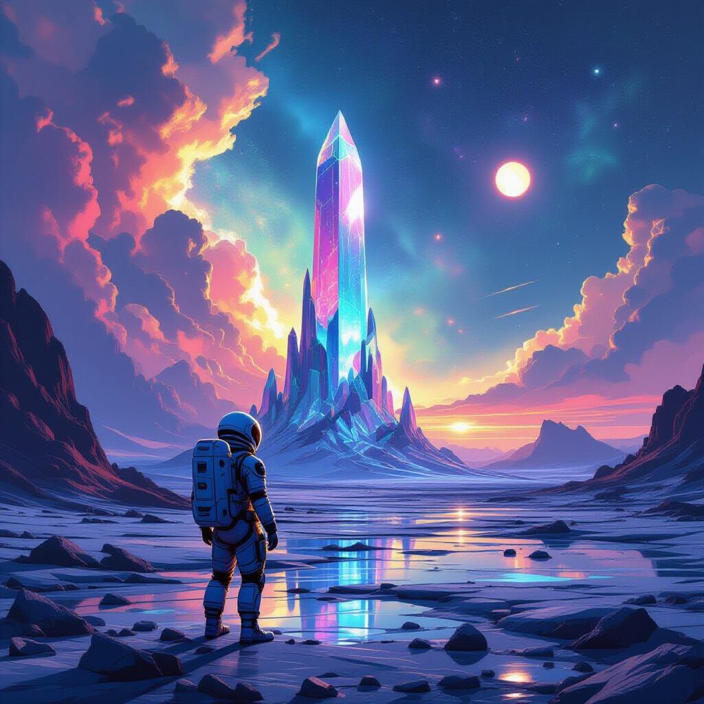 Astronaut on Alien Planet Gazing at Crystal Structure