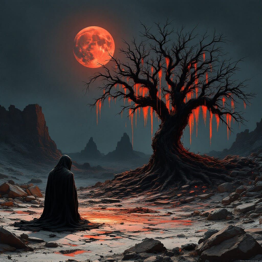Dark Surrealism: Figure at Burned Olive Tree