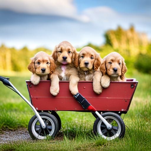 Cocker Spaniel Puppies Ride in Wagon