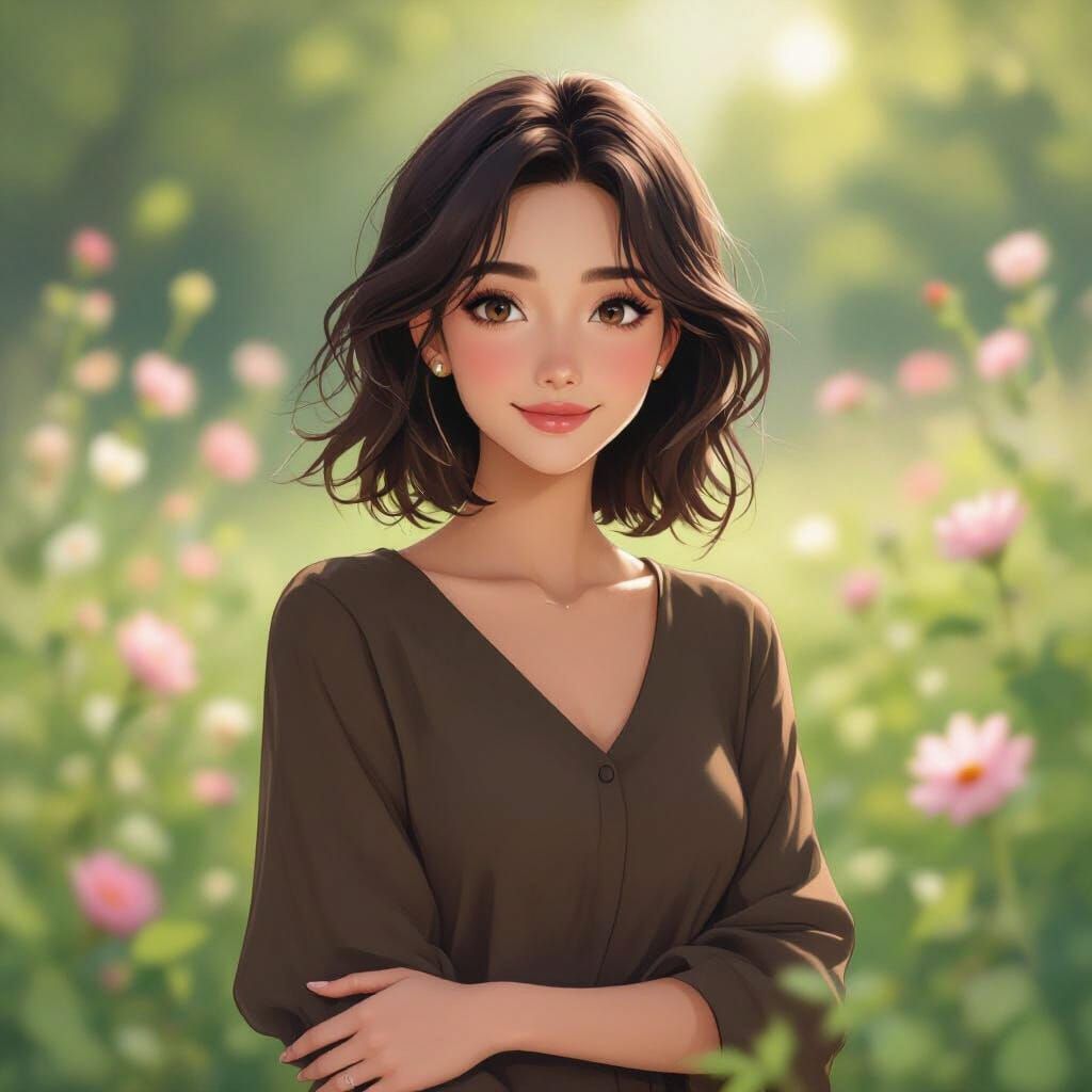 Woman in Greenery with Soft Pastel Colors