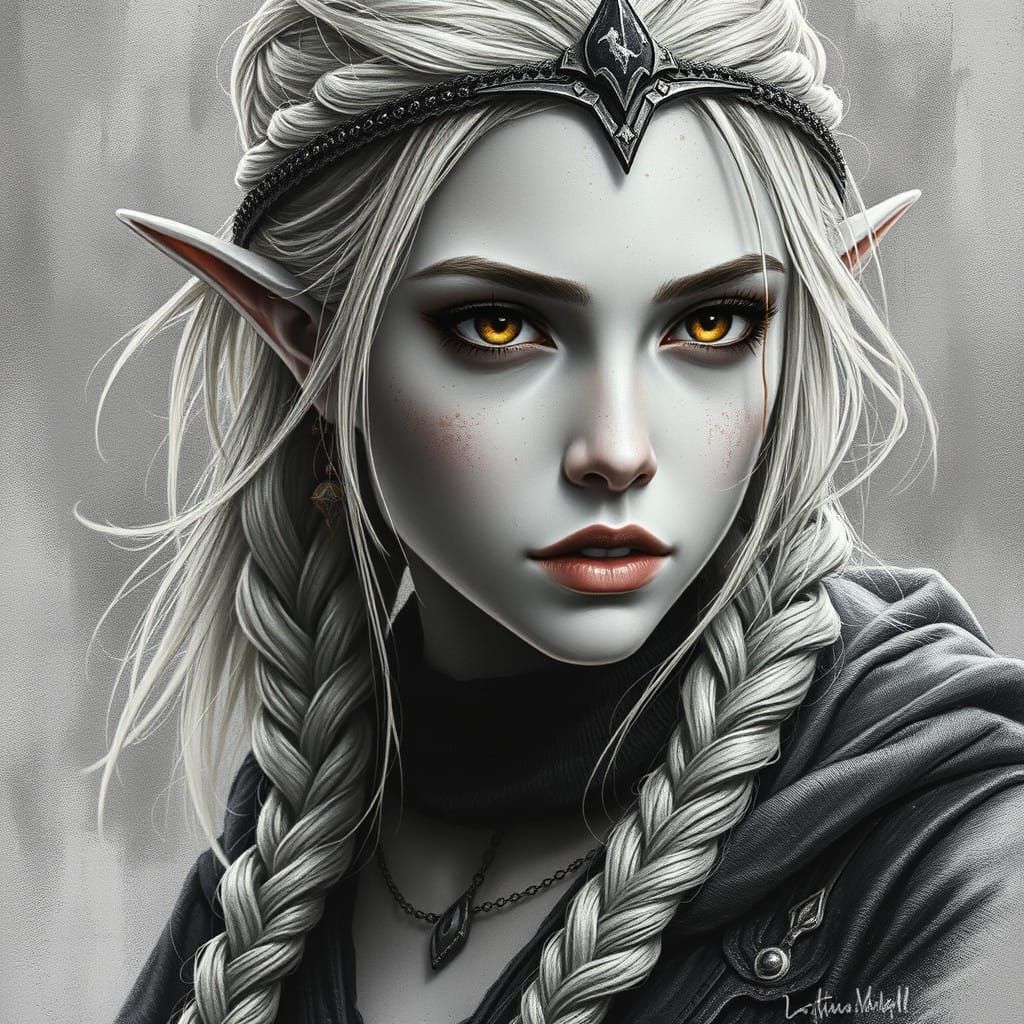 hyperdetailed charcoal drawing executed primarily in charcoal, braided blonde haired medieval female warlock elf, rust a...