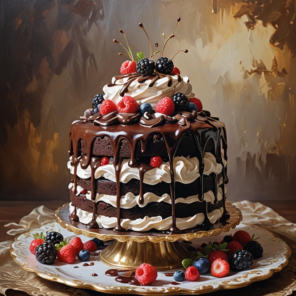 Decadent Chocolate Cake Still Life as Oil Painting