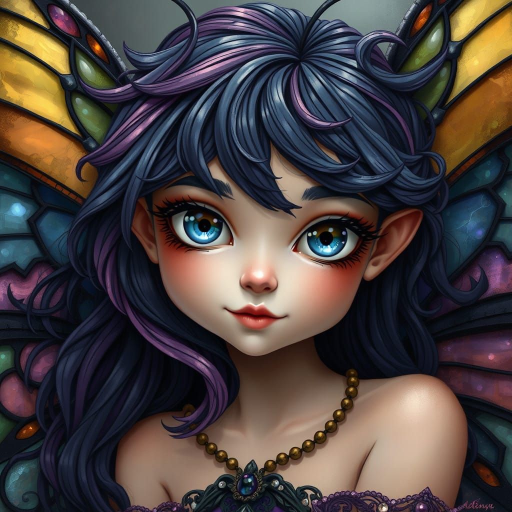 Whimsical Oil Illustration of Mischievous Butterfly Girl in....