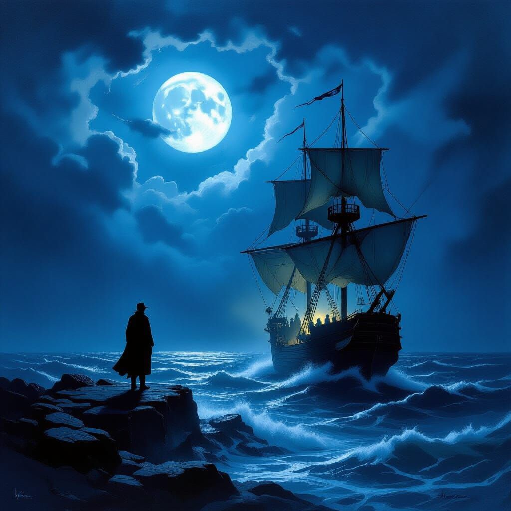 Stormy Lighthouse Keeper and Spectral Galleon