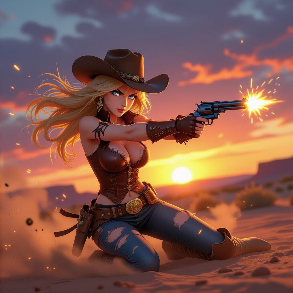 Cowgirl in Action at Sunset, Dynamic Western Showdown