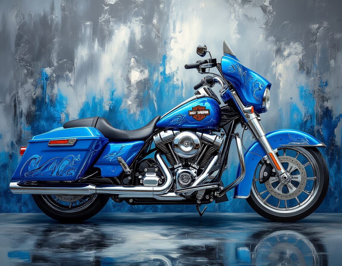 Blue Harley Davidson Decoupage Art Motorcycle