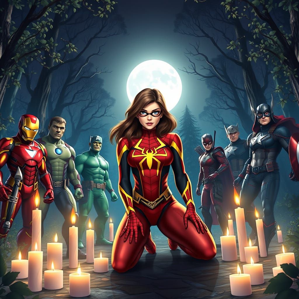Spider-Woman in Enchanted Forest, Surrounded by Avengers, in...