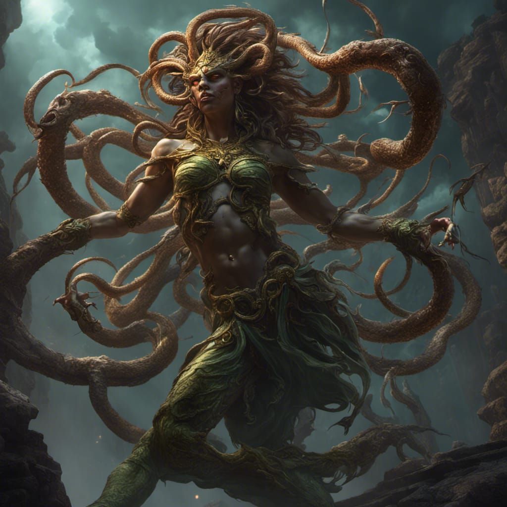 Medusa and Trickster God in Dark Fantasy Style