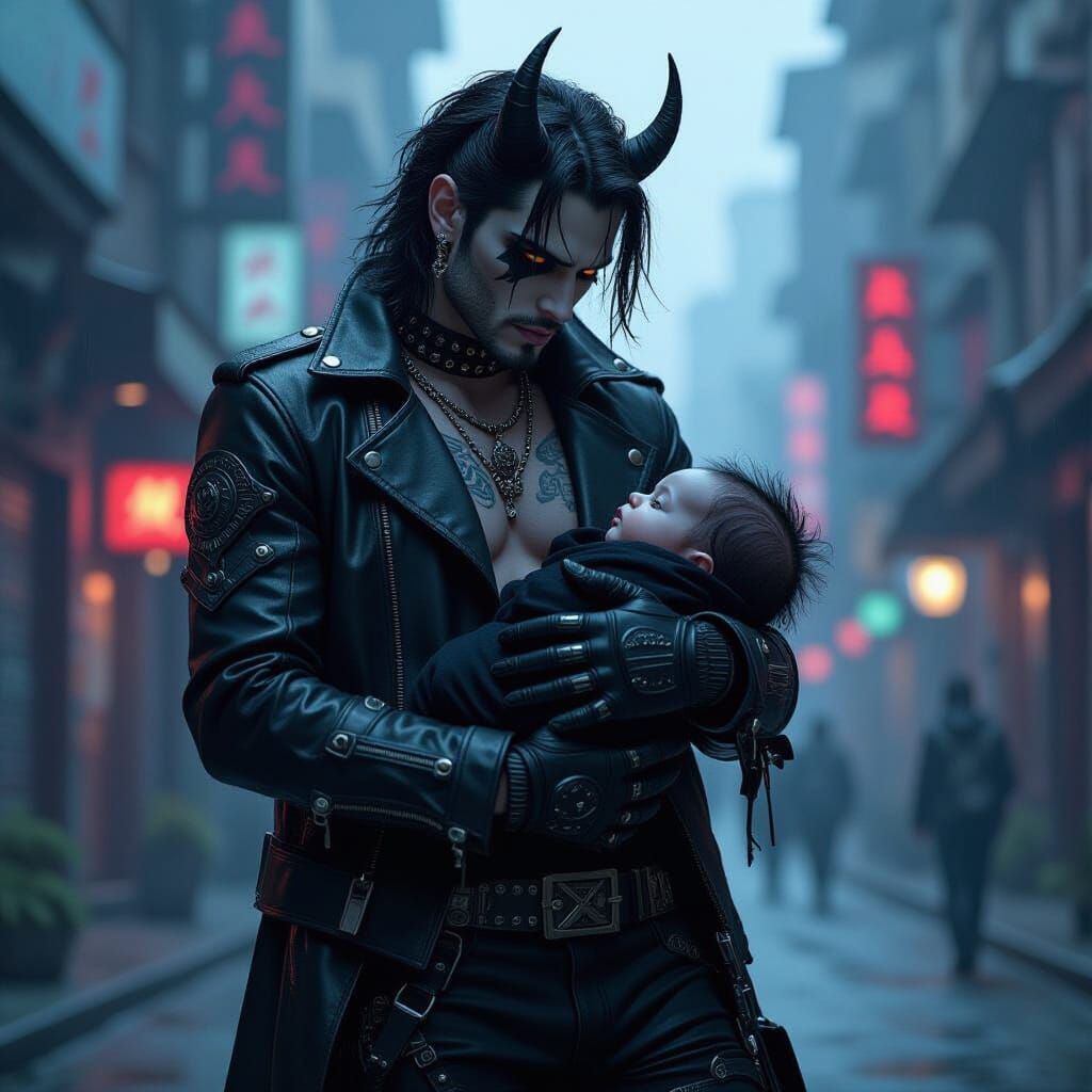 Cybergoth Demon Cradling Baby in Cyberpunk City