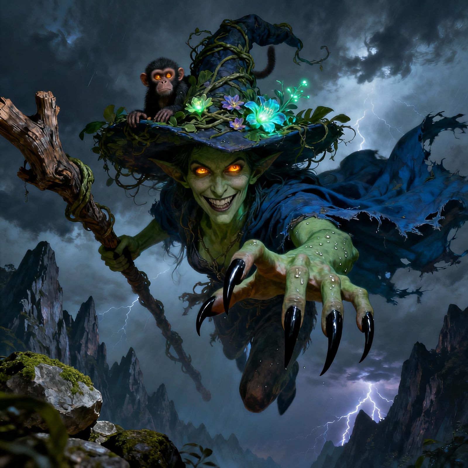Green Witch Flies Through Dark Sky with Jungle Hat